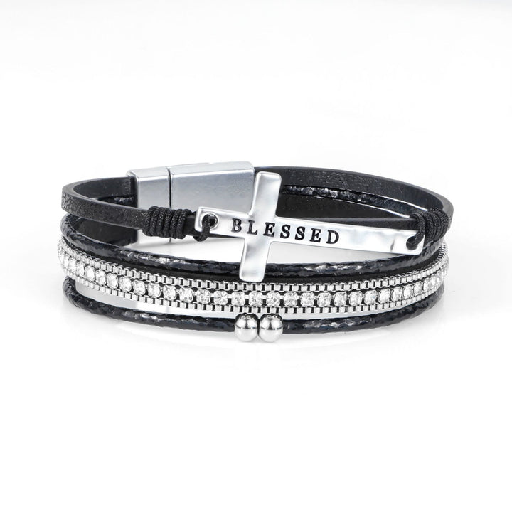 Christianartworkshop Bracelet en cuir à plusieurs rangs avec croix bénie et zircon : symbole de grâce divine et de joie spirituelle - Noir - image 9