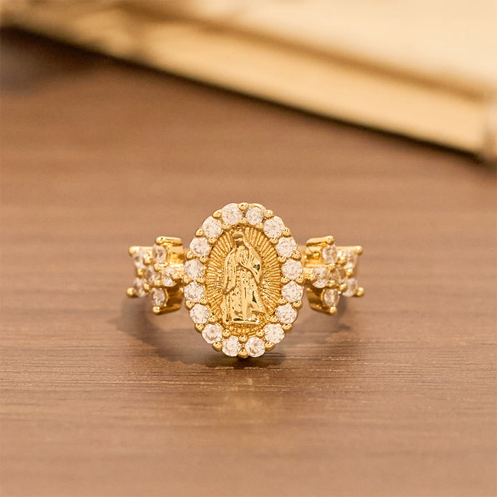 Christianartworkshop Bague Notre-Dame dorée ornée de deux motifs floraux et d'un halo de zircon - image 2