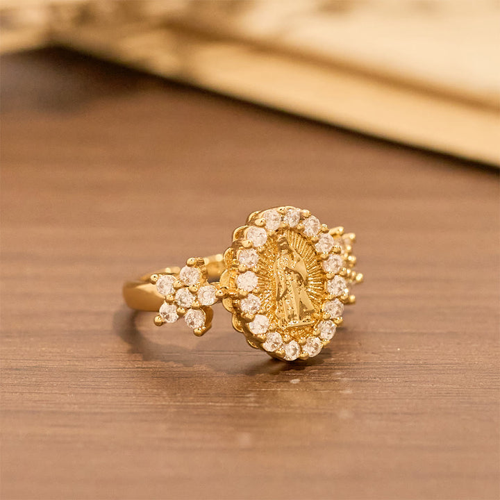 Christianartworkshop Bague Notre-Dame dorée ornée de deux motifs floraux et d'un halo de zircon - image 3