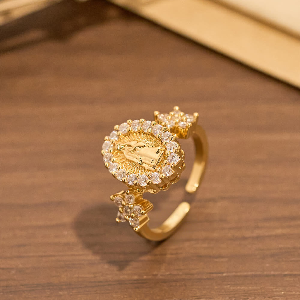 Christianartworkshop Bague Notre-Dame dorée ornée de deux motifs floraux et d'un halo de zircon - image 1
