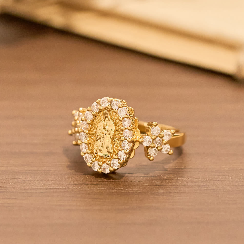 Christianartworkshop Bague Notre-Dame dorée ornée de deux motifs floraux et d'un halo de zircon - image 4