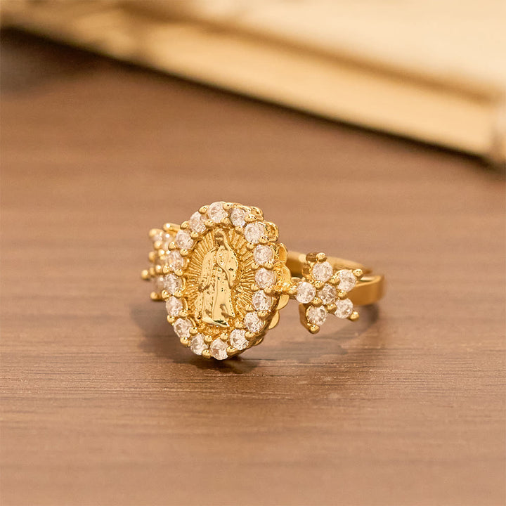 Christianartworkshop Bague Notre-Dame dorée ornée de deux motifs floraux et d'un halo de zircon - image 4