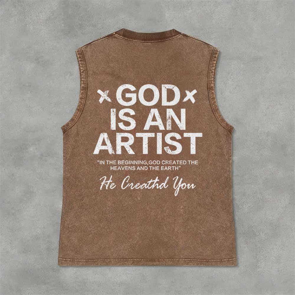 Christianartworkshop Débardeur unisexe délavé « Dieu est un artiste » - Brun - 2XL - image 0