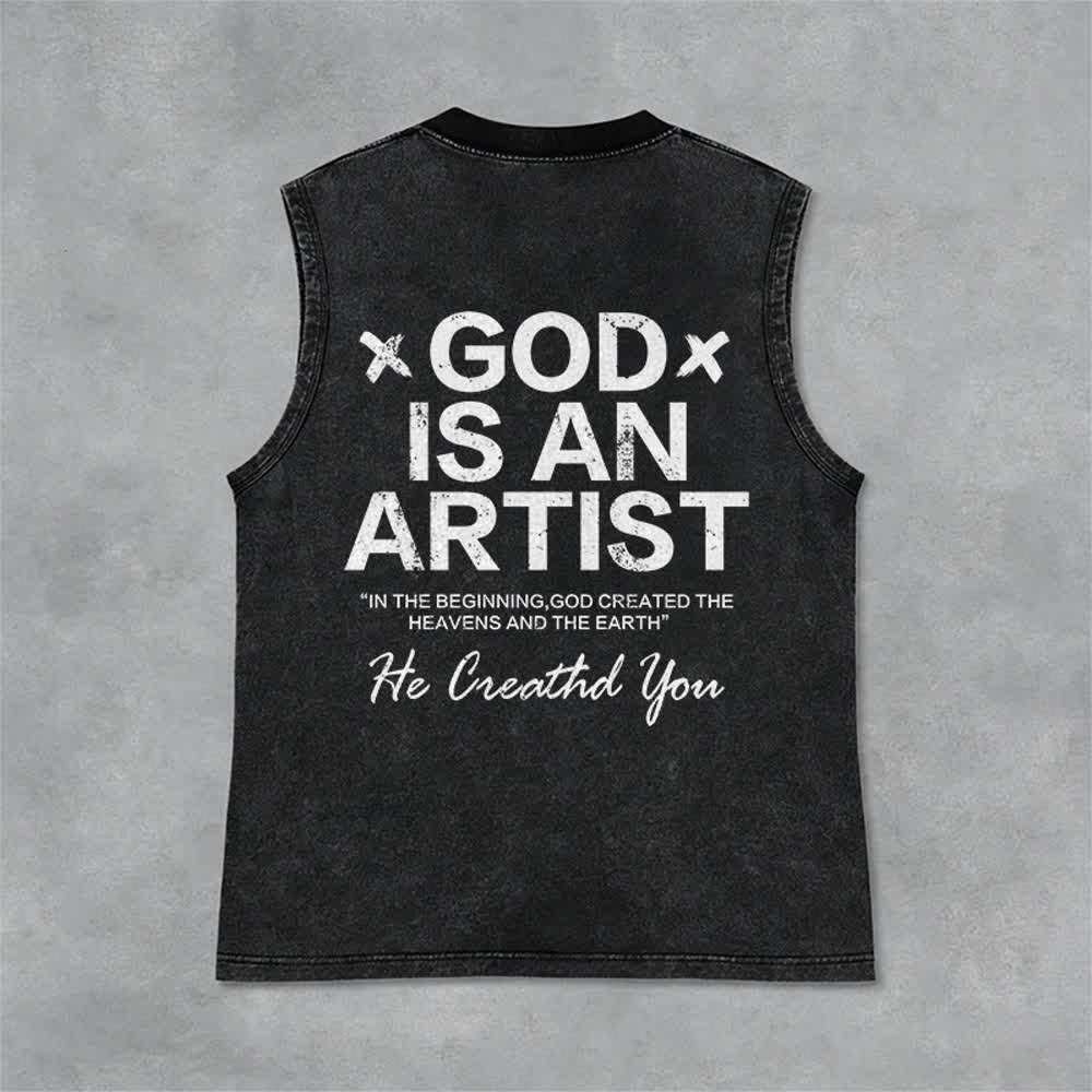 Christianartworkshop Débardeur unisexe délavé « Dieu est un artiste » - Noir - 2XL - image 3