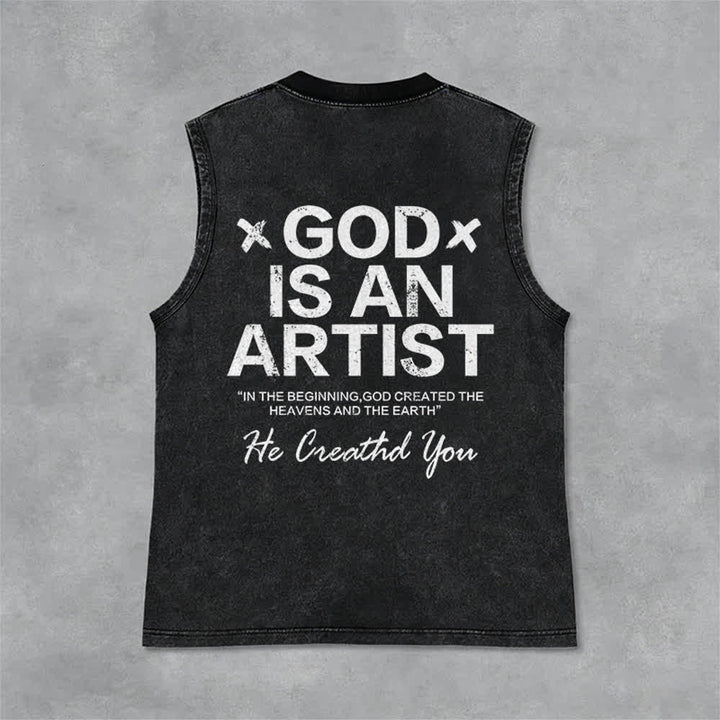 Christianartworkshop Débardeur unisexe délavé « Dieu est un artiste » - Noir - 2XL - image 3
