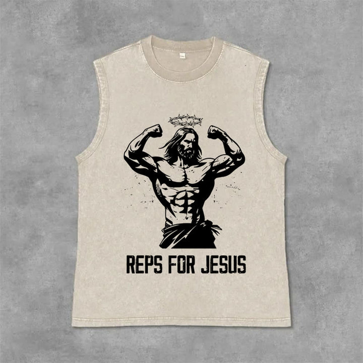 Christianartworkshop Débardeur unisexe délavé avec motif Jésus musclé et couronne d'épines - Beige - 2XL - image 0
