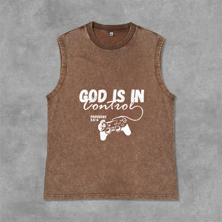 Christianartworkshop Débardeur unisexe lavé « Dieu est aux commandes » - Brun - 2XL - image 12