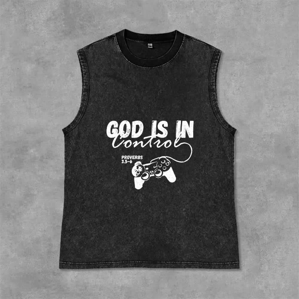 Christianartworkshop Débardeur unisexe lavé « Dieu est aux commandes » - Noir - 2XL - image 3
