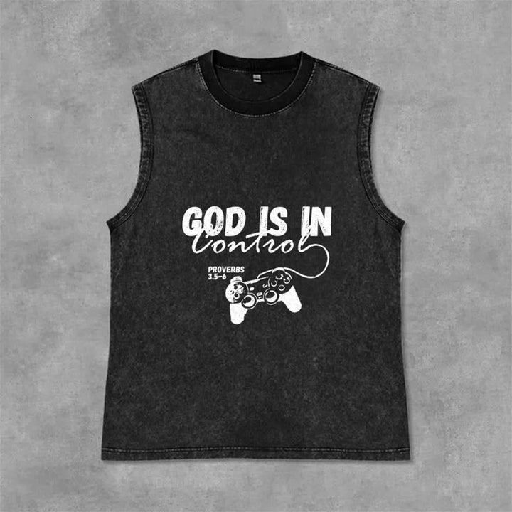 Christianartworkshop Débardeur unisexe lavé « Dieu est aux commandes » - Noir - 2XL - image 3