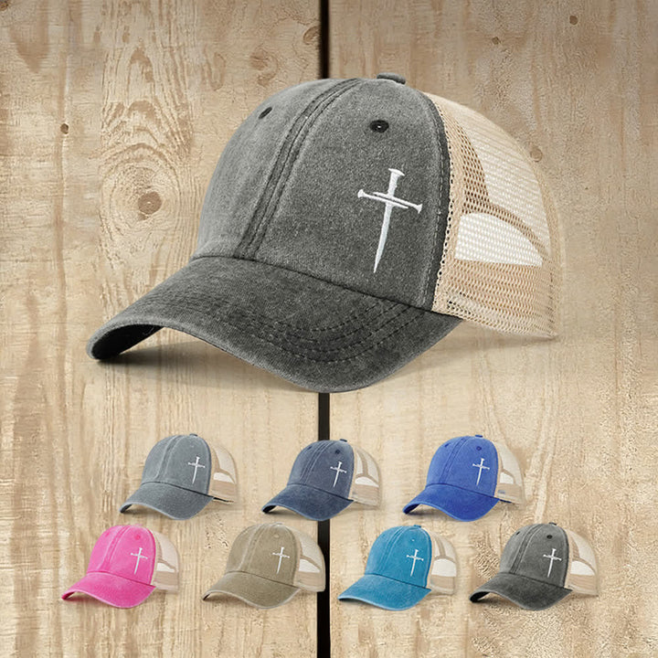 Casquette de camionneur délavée brodée d'une croix à clous, Christianartworkshop - image 1