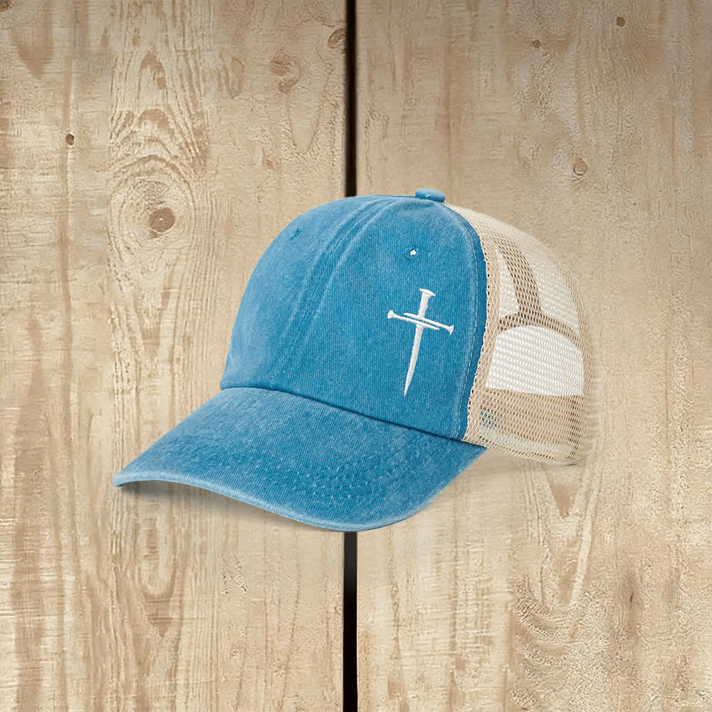Casquette de camionneur délavée brodée d'une croix à clous, Christianartworkshop - Lac Bleu - image 5
