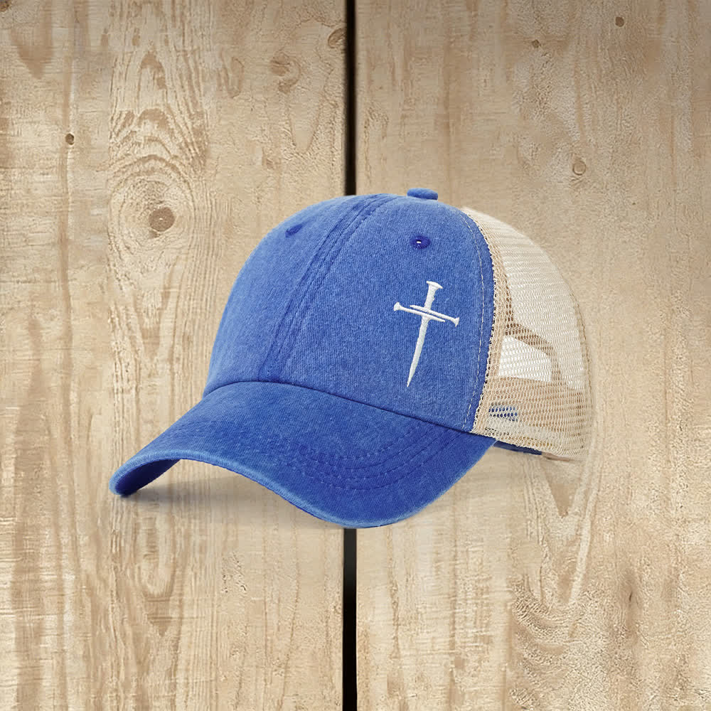 Casquette de camionneur délavée brodée d'une croix à clous, Christianartworkshop - Bleu royal - image 2
