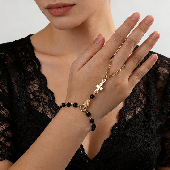 Christianartworkshop Bracelet chapelet en perles de pierres précieuses avec crucifix : emblème de dévotion divine et d'élégance - Noir B - image 6