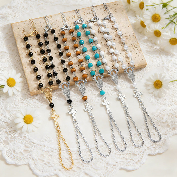 Christianartworkshop Bracelet chapelet en perles de pierres précieuses avec crucifix : emblème de dévotion divine et d'élégance - Lot de 6 - image 0