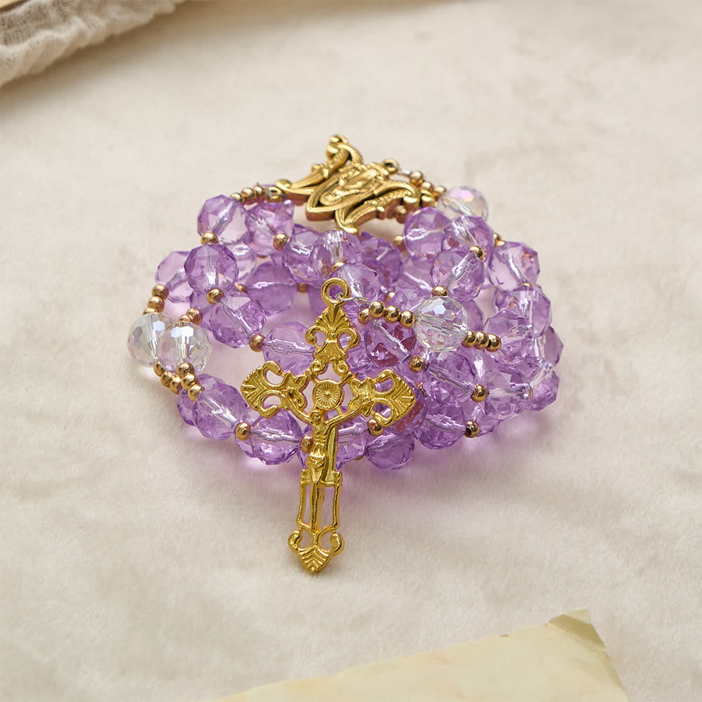 Christianartworkshop Chapelet en verre violet à facettes avec médaille de Notre-Dame : emblème de la lumière divine et de la grâce mariale - image 5