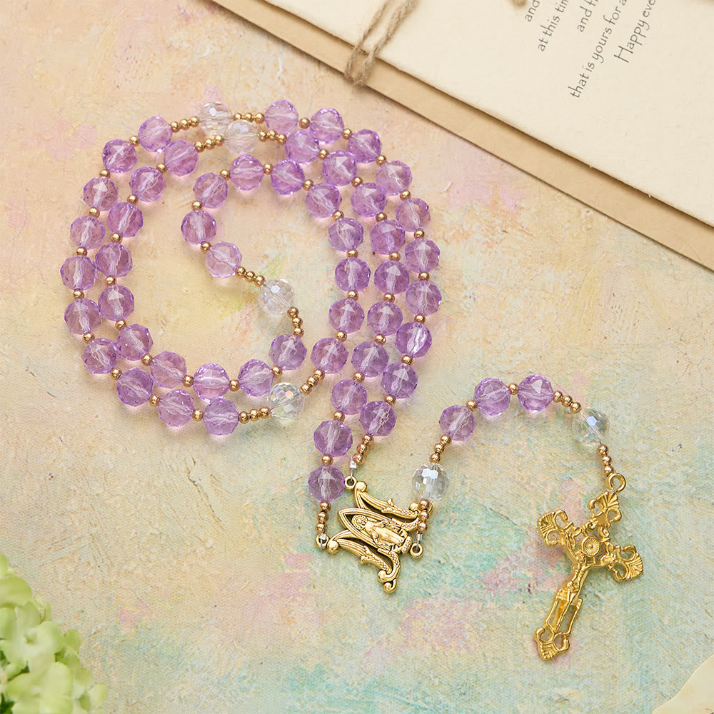 Christianartworkshop Chapelet en verre violet à facettes avec médaille de Notre-Dame : emblème de la lumière divine et de la grâce mariale - image 2