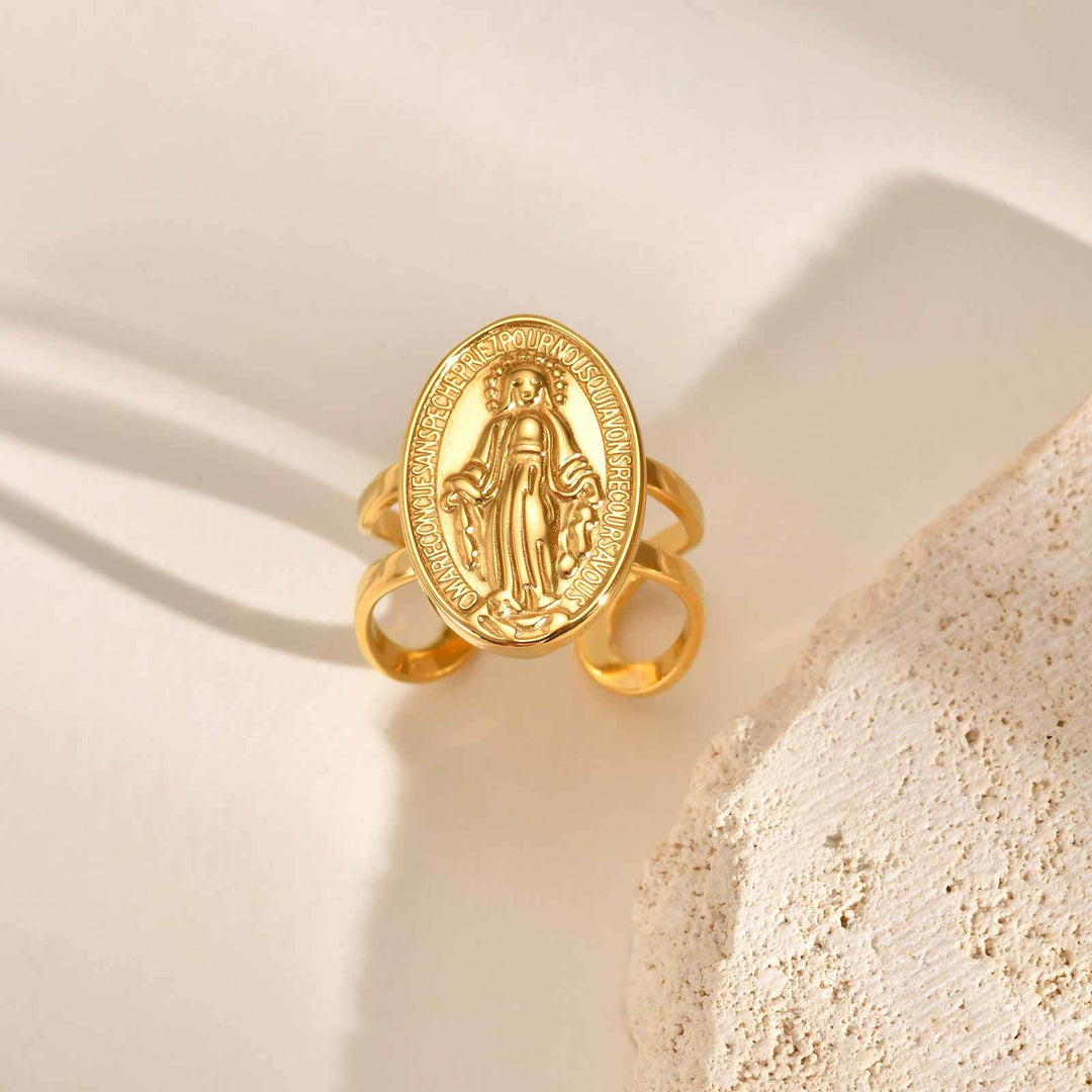 Christianartworkshop Bague de foi ouverte et ajustable avec médaille miraculeuse de Notre-Dame et halo en zircon cubique. - Médaille miraculeuse simple - Convient aux tailles américaines 5 à 10 - image 4