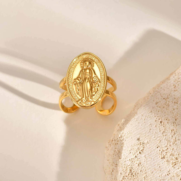 Christianartworkshop Bague de foi ouverte et ajustable avec médaille miraculeuse de Notre-Dame et halo en zircon cubique. - Médaille miraculeuse simple - Convient aux tailles américaines 5 à 10 - image 4