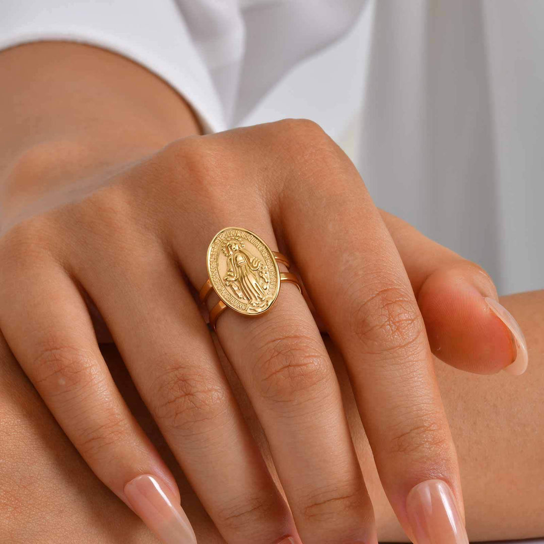 Christianartworkshop Bague de foi ouverte et ajustable avec médaille miraculeuse de Notre-Dame et halo en zircon cubique. - image 3