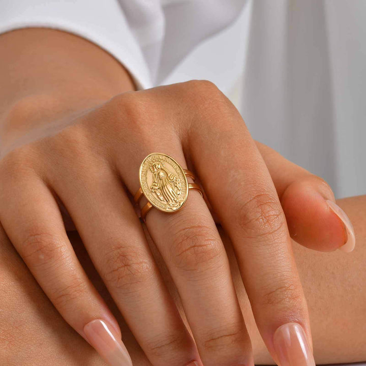 Christianartworkshop Bague de foi ouverte et ajustable avec médaille miraculeuse de Notre-Dame et halo en zircon cubique. - image 3