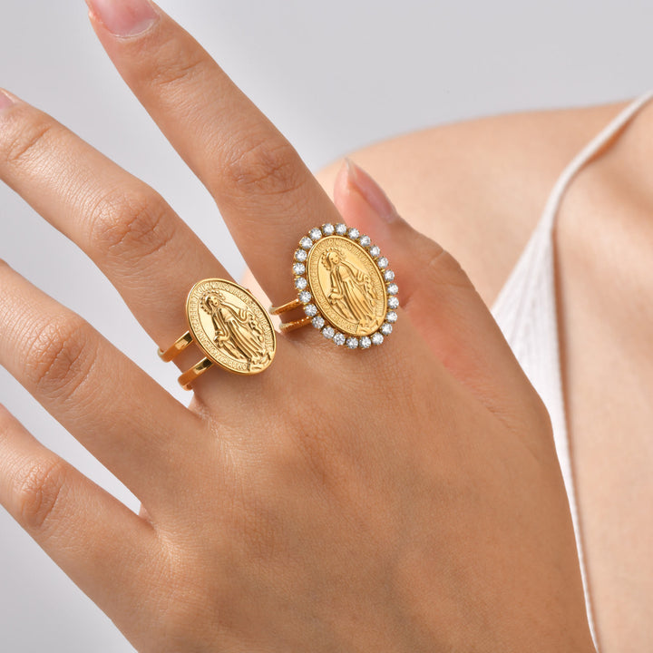 Christianartworkshop Bague de foi ouverte et ajustable avec médaille miraculeuse de Notre-Dame et halo en zircon cubique. - image 2