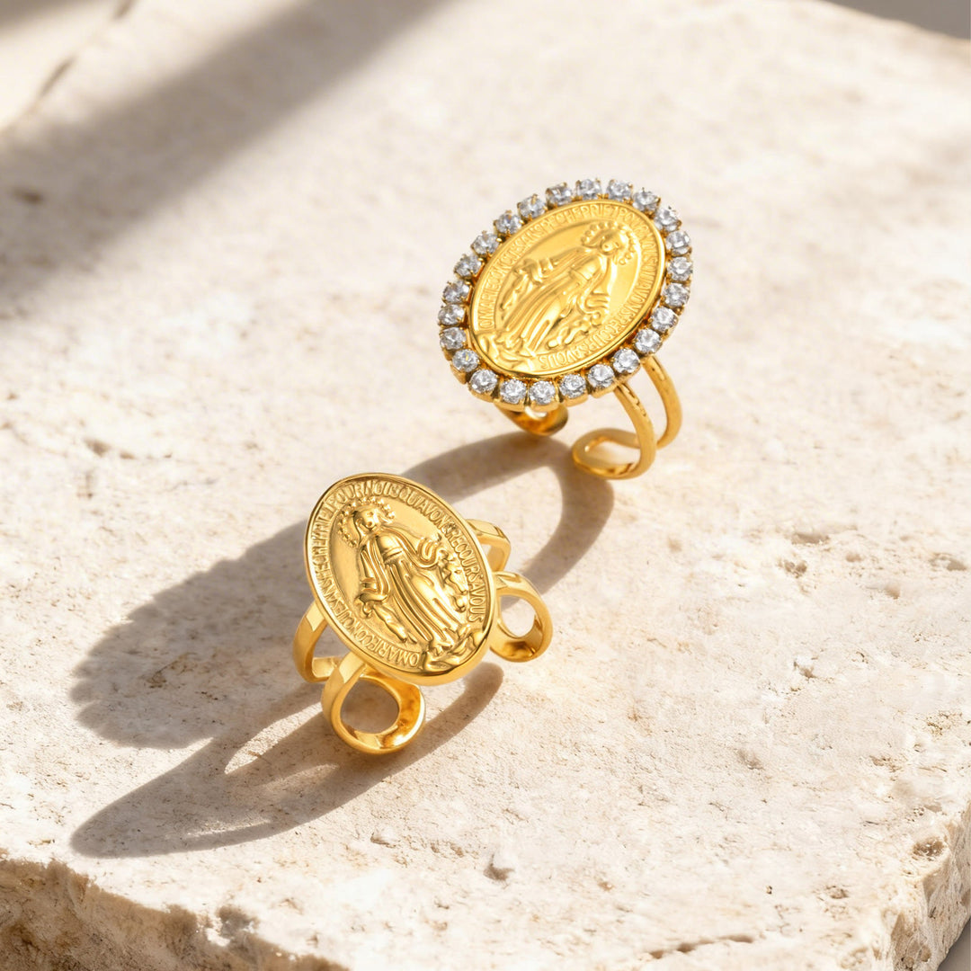 Christianartworkshop Bague de foi ouverte et ajustable avec médaille miraculeuse de Notre-Dame et halo en zircon cubique. - image 0