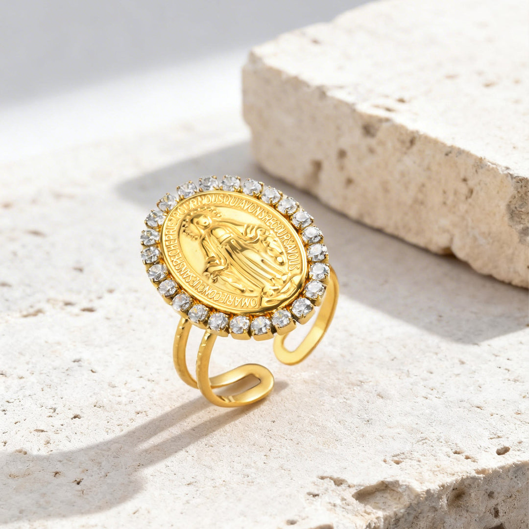 Christianartworkshop Bague de foi ouverte et ajustable avec médaille miraculeuse de Notre-Dame et halo en zircon cubique. - Médaille Miraculeuse Halo CZ - Convient aux tailles américaines 5 à 10 - image 7