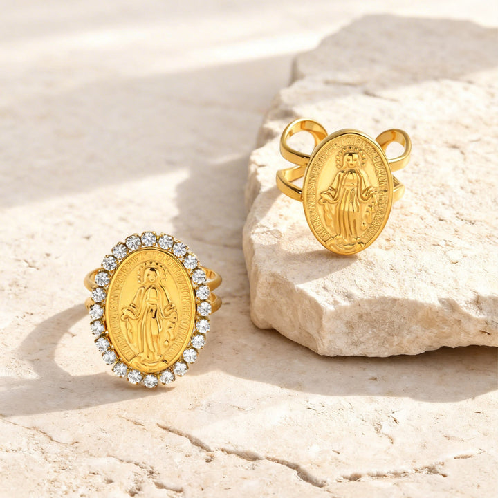 Christianartworkshop Bague de foi ouverte et ajustable avec médaille miraculeuse de Notre-Dame et halo en zircon cubique. - image 1