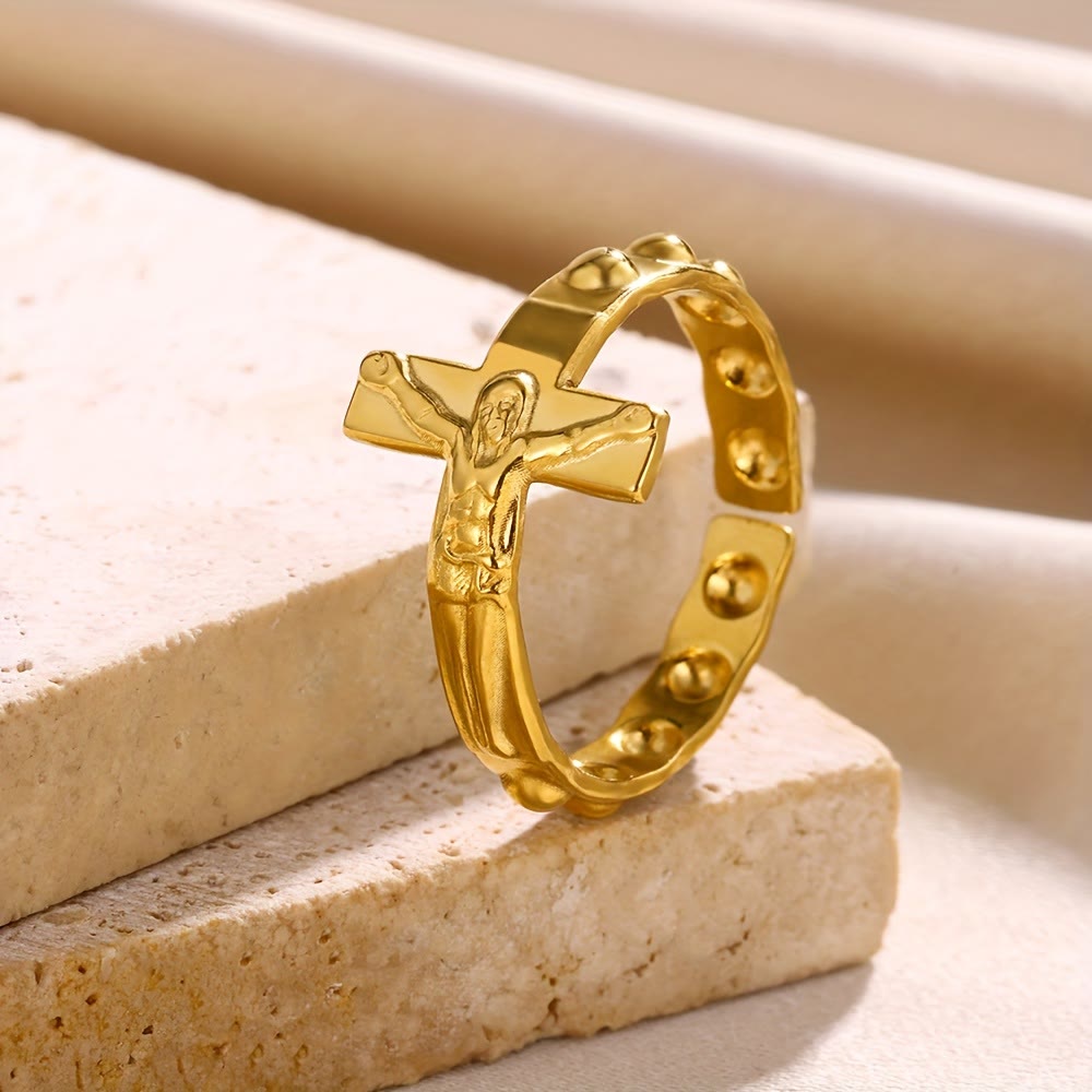 Christianartworkshop Bague de dévotion ouverte et ajustable gravée d'une croix intemporelle - image 0