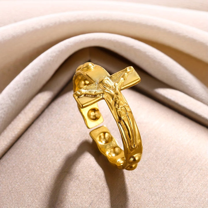 Christianartworkshop Bague de dévotion ouverte et ajustable gravée d'une croix intemporelle - image 3