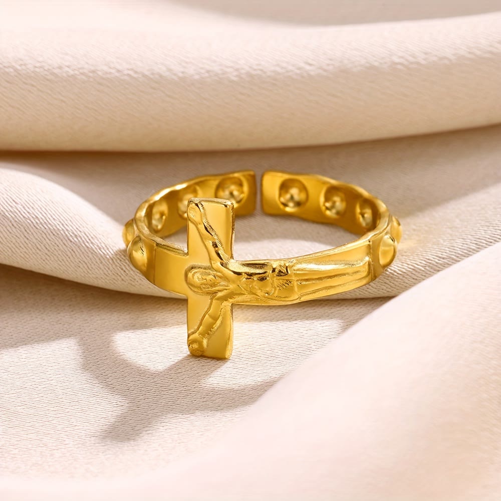 Christianartworkshop Bague de dévotion ouverte et ajustable gravée d'une croix intemporelle - image 1