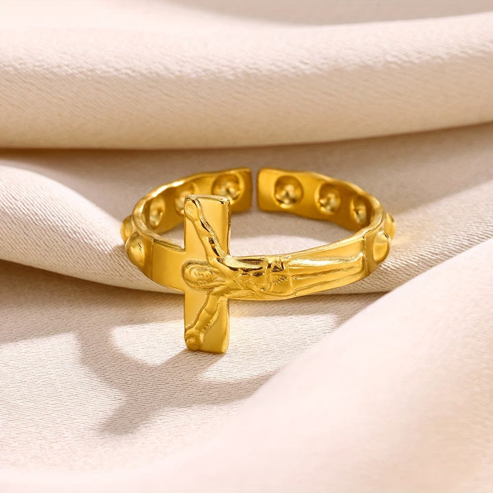 Christianartworkshop Bague de dévotion ouverte et ajustable gravée d'une croix intemporelle - image 1