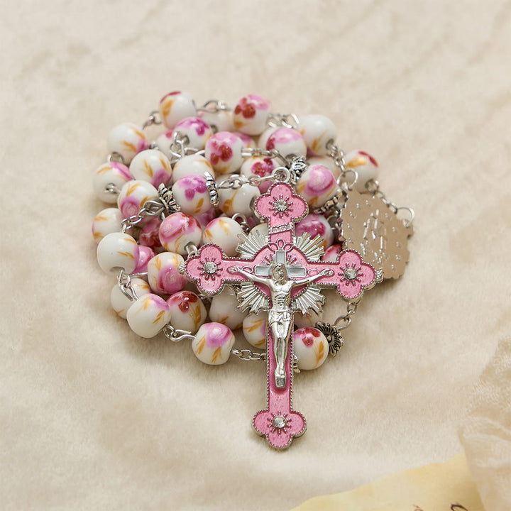 Christianartworkshop Chapelet en perles de céramique à motif floral avec médaille émaillée de la Vierge Marie et crucifix rose - image 5