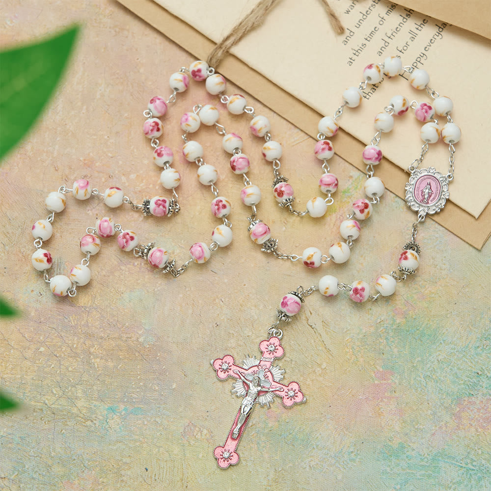 Christianartworkshop Chapelet en perles de céramique à motif floral avec médaille émaillée de la Vierge Marie et crucifix rose - Notre-Dame et le Crucifix - image 0