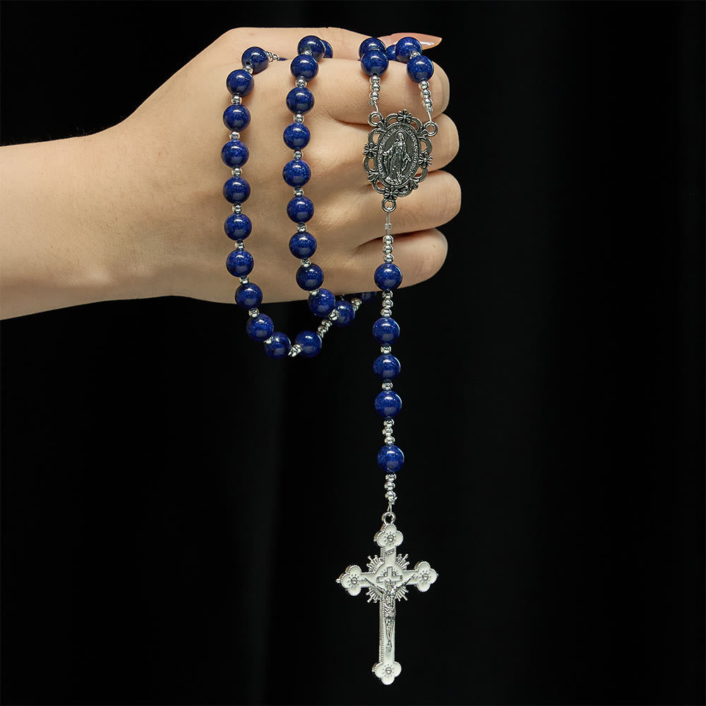 Christianartworkshop Chapelet en perles de lapis-lazuli avec crucifix gravé : emblème de la sagesse divine et de la grâce mariale - image 1
