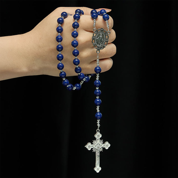 Christianartworkshop Chapelet en perles de lapis-lazuli avec crucifix gravé : emblème de la sagesse divine et de la grâce mariale - image 1