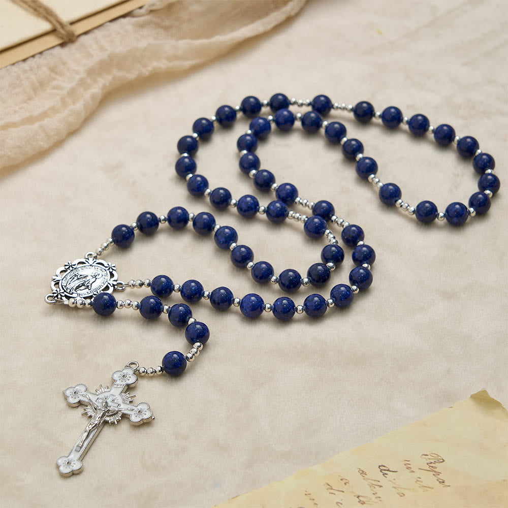 Christianartworkshop Chapelet en perles de lapis-lazuli avec crucifix gravé : emblème de la sagesse divine et de la grâce mariale - image 3