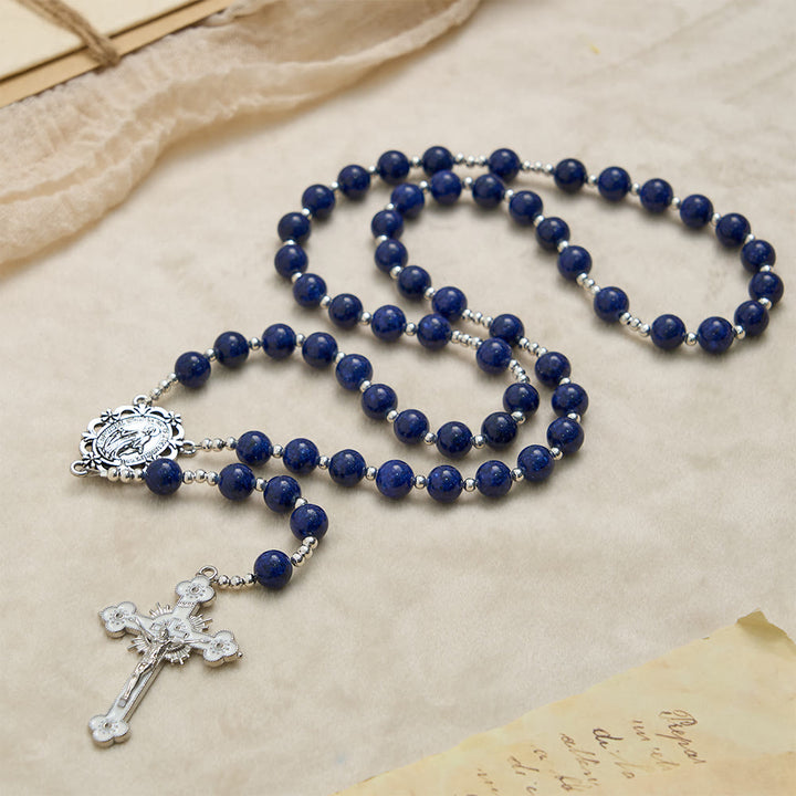Christianartworkshop Chapelet en perles de lapis-lazuli avec crucifix gravé : emblème de la sagesse divine et de la grâce mariale - image 3