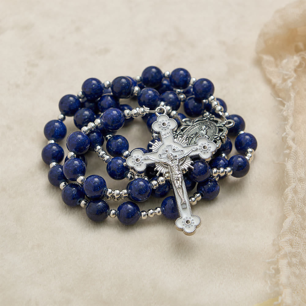Christianartworkshop Chapelet en perles de lapis-lazuli avec crucifix gravé : emblème de la sagesse divine et de la grâce mariale - image 5