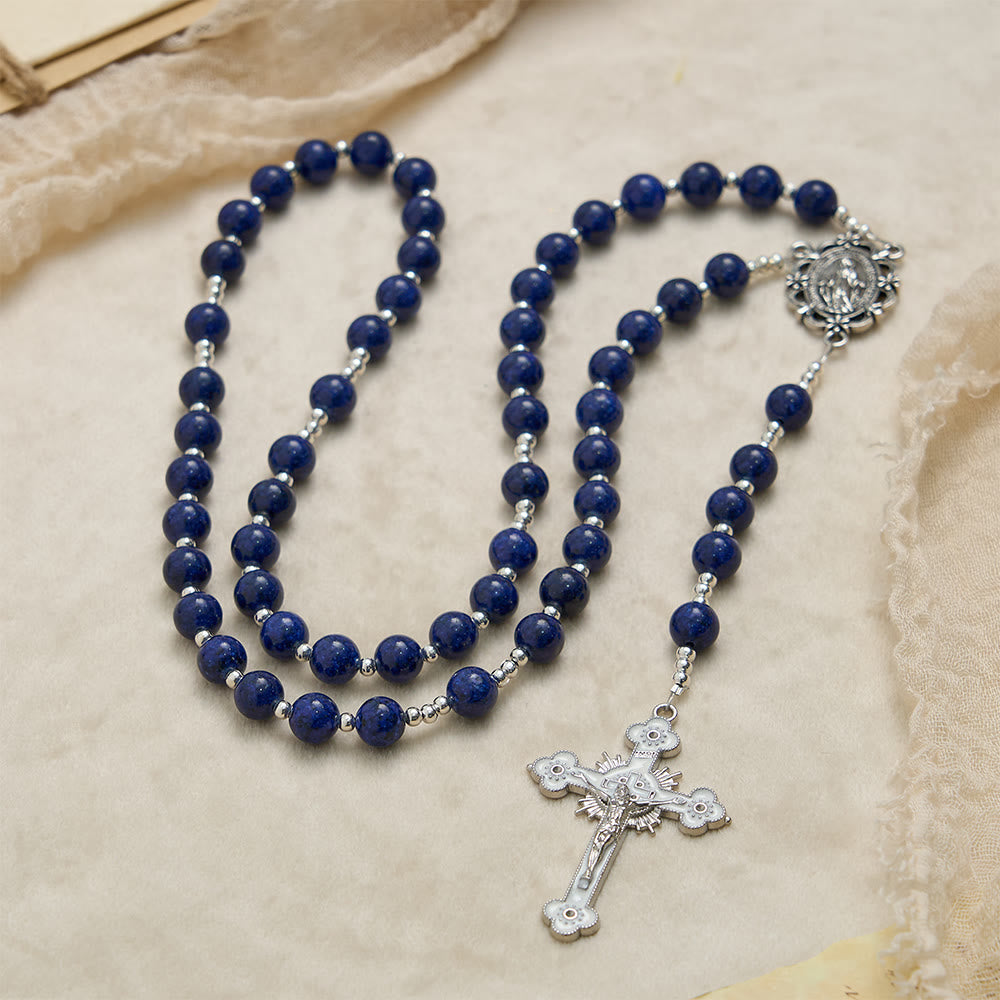 Christianartworkshop Chapelet en perles de lapis-lazuli avec crucifix gravé : emblème de la sagesse divine et de la grâce mariale - image 4