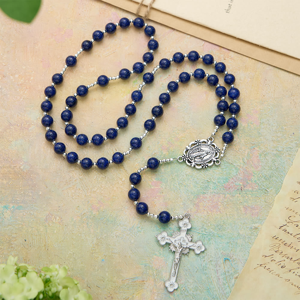 Christianartworkshop Chapelet en perles de lapis-lazuli avec crucifix gravé : emblème de la sagesse divine et de la grâce mariale - image 2