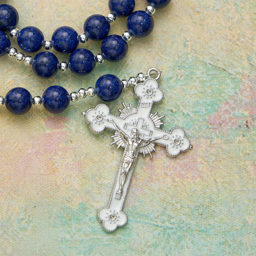 Christianartworkshop Chapelet en perles de lapis-lazuli avec crucifix gravé : emblème de la sagesse divine et de la grâce mariale - image 8