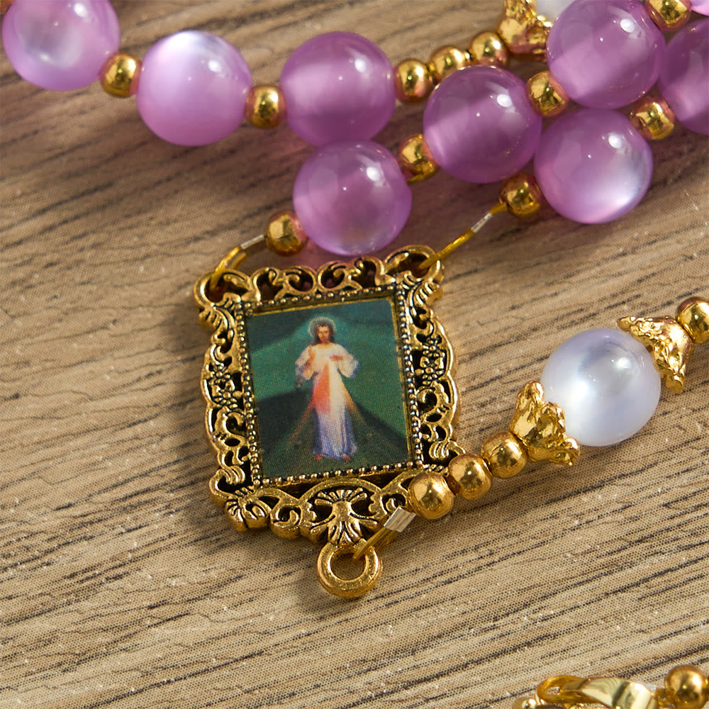 Christianartworkshop Chapelet à perles œil-de-chat violettes avec crucifix orné : emblème de la guidance divine et de la grâce mariale - image 7
