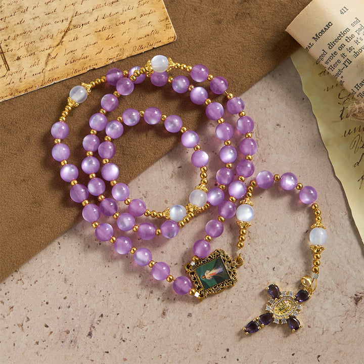 Christianartworkshop Chapelet à perles œil-de-chat violettes avec crucifix orné : emblème de la guidance divine et de la grâce mariale - image 4