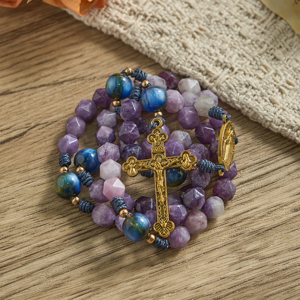 Christianartworkshop Chapelet en lépidolite violette taillée en diamant : emblème de la paix divine et de la grâce mariale - image 6
