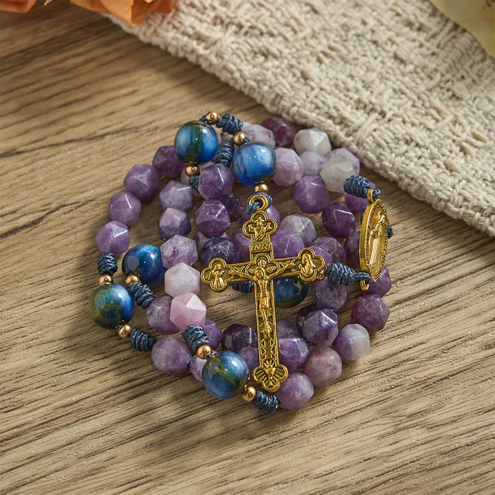 Christianartworkshop Chapelet en lépidolite violette taillée en diamant : emblème de la paix divine et de la grâce mariale - image 6