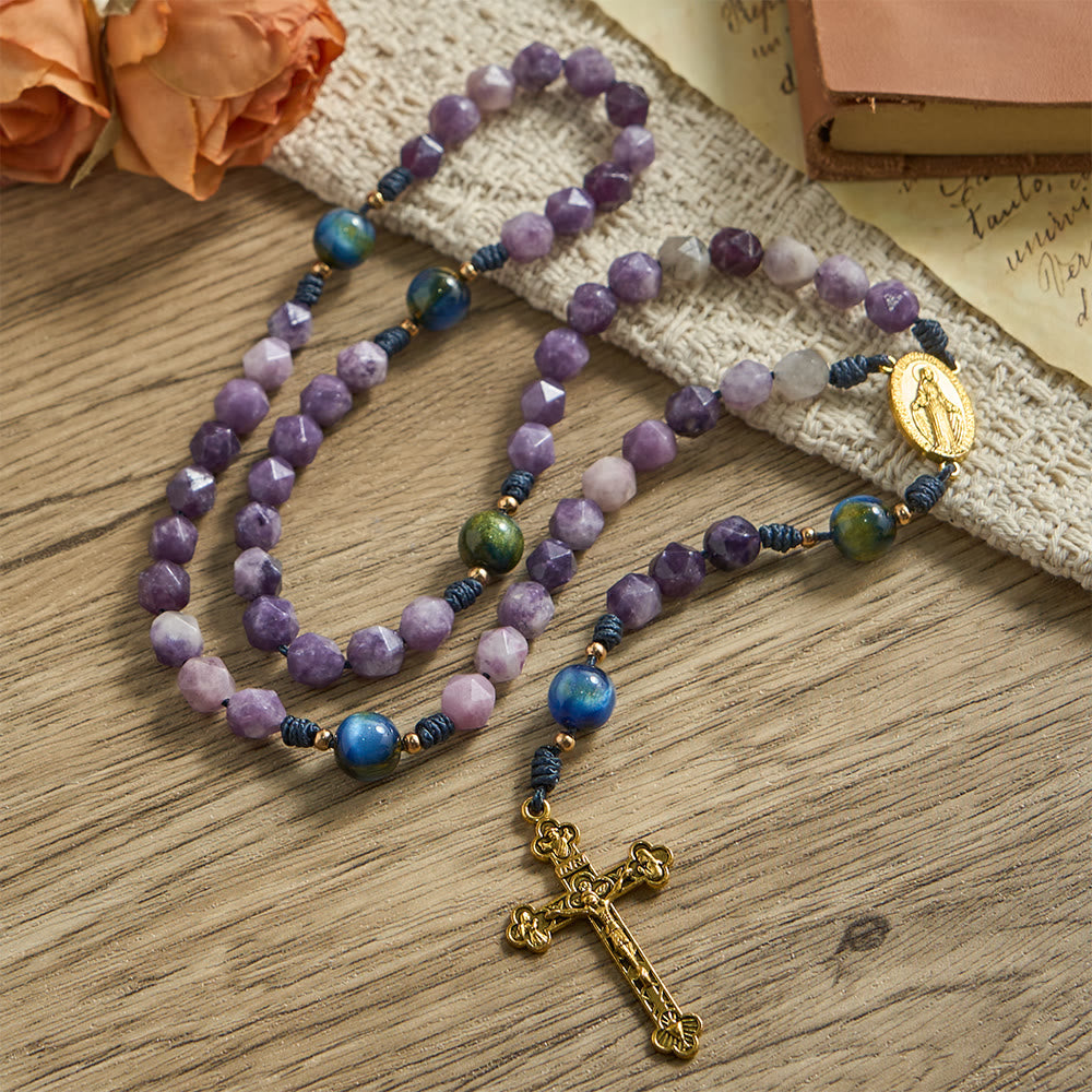 Christianartworkshop Chapelet en lépidolite violette taillée en diamant : emblème de la paix divine et de la grâce mariale - image 4