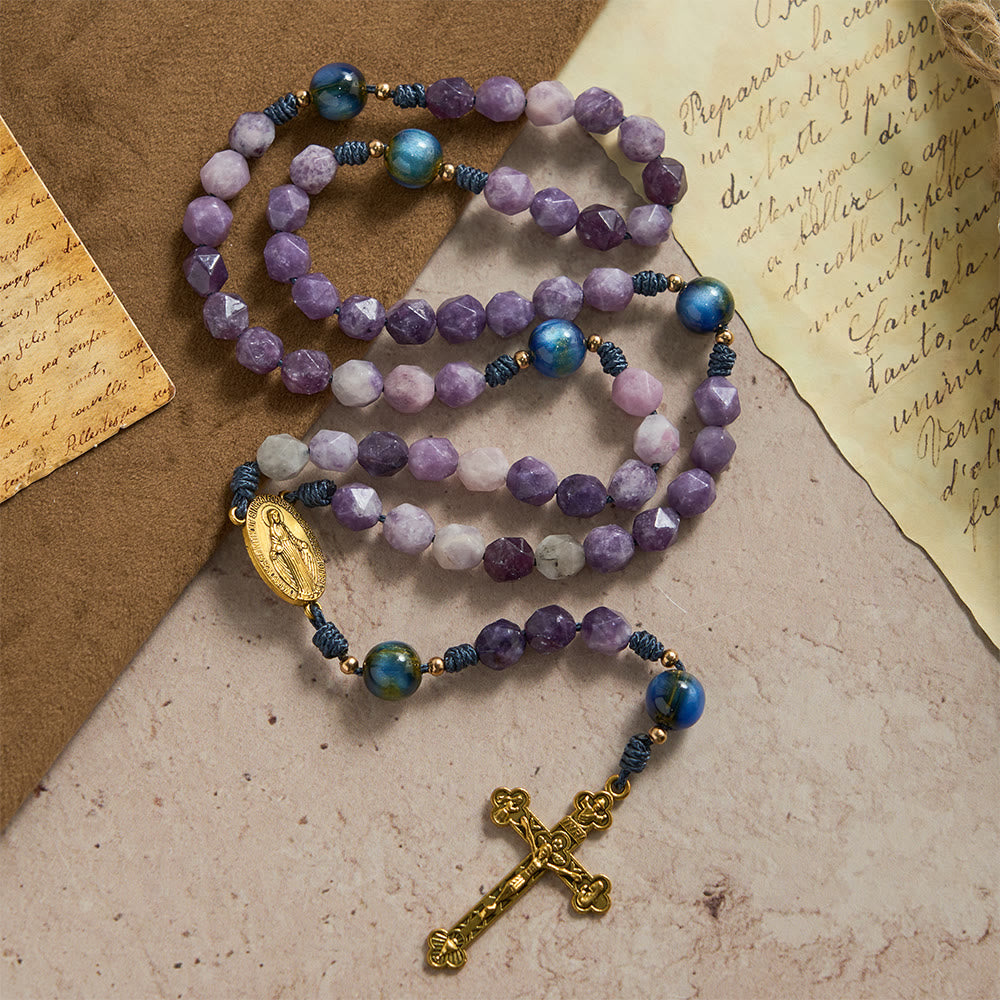 Christianartworkshop Chapelet en lépidolite violette taillée en diamant : emblème de la paix divine et de la grâce mariale - image 3