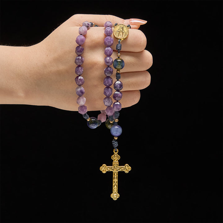 Christianartworkshop Chapelet en lépidolite violette taillée en diamant : emblème de la paix divine et de la grâce mariale - image 1