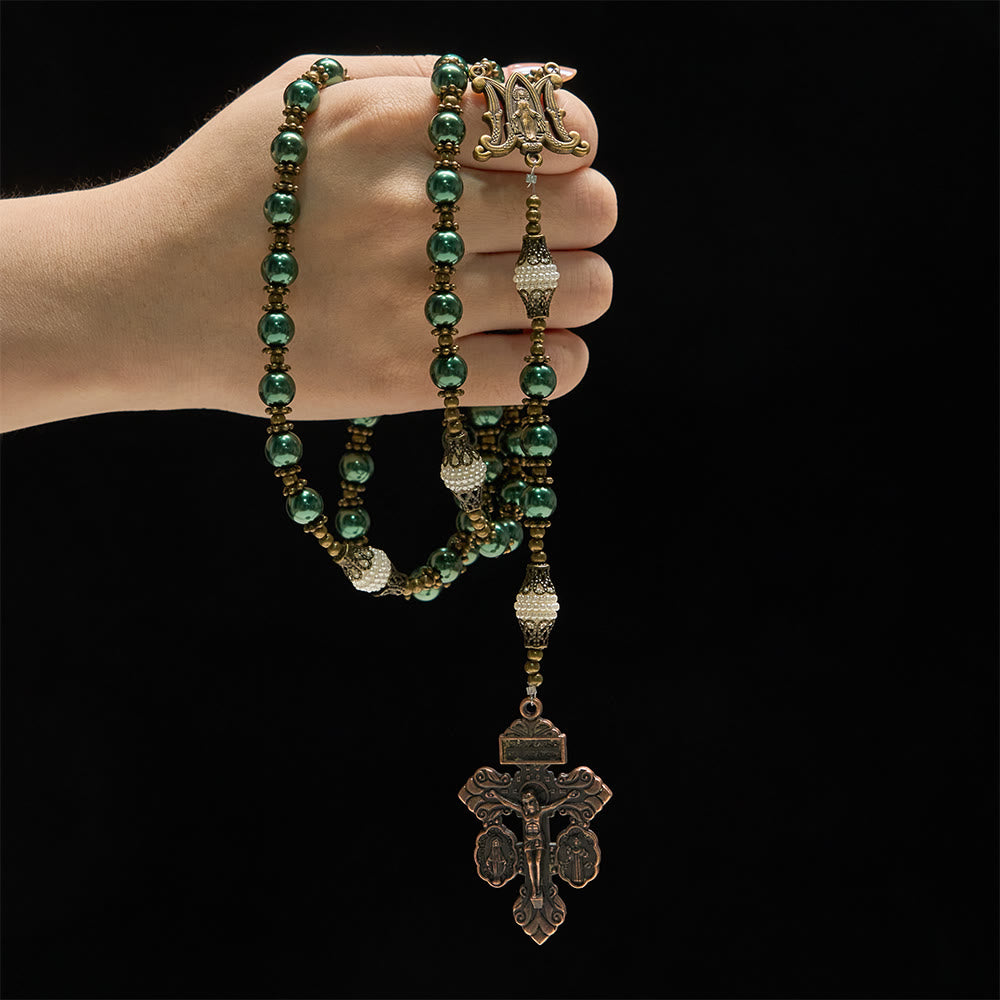 Christianartworkshop Chapelet vintage en métal vert et perles : emblème de l'espérance divine et de la grâce mariale - image 1